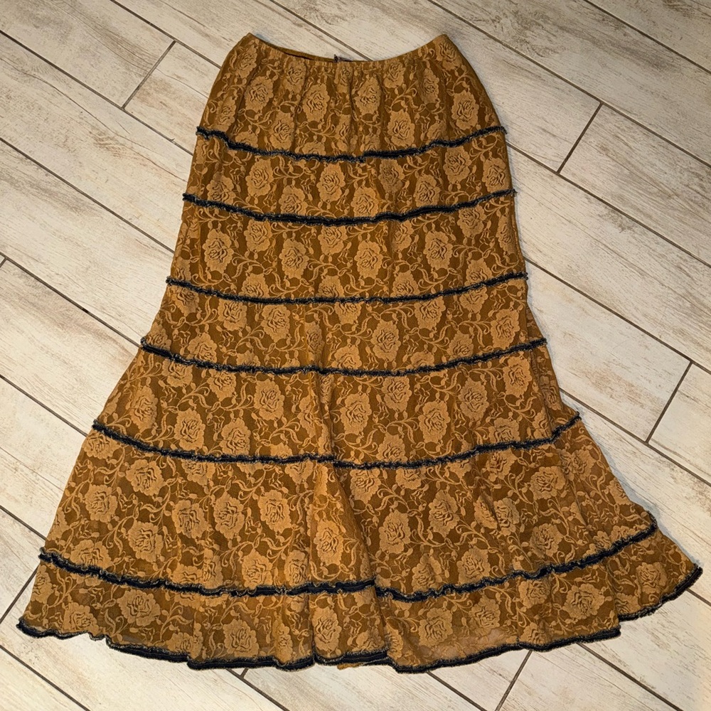 Women's Maxi Lace Tiered Skirt - Mustard with Black Trim
